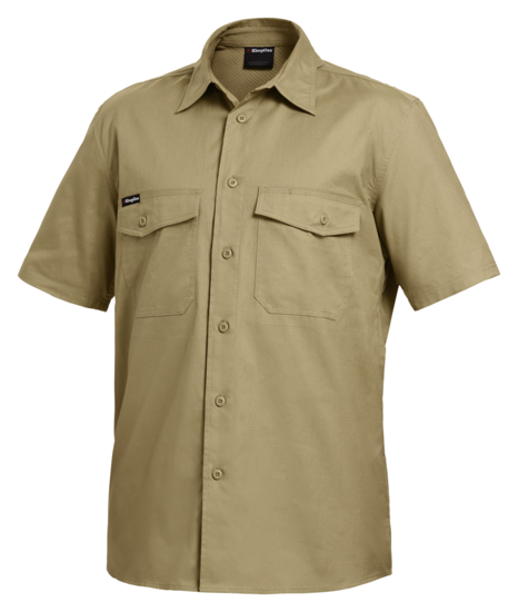 Khaki KingGee Workcool 2 Ripstop Shirt, 2XL, features breathable fabric, cooling vents, and chest pockets for work comfort.