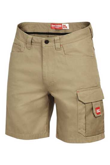 Hard Yakka Legends Cargo Short in khaki, size 87, featuring durable cotton, Cordura reinforcements, and multiple pockets.