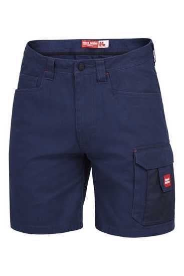 Navy Hard Yakka Legends Cargo Shorts (Size 77) with durable cotton fabric, multiple pockets, and Cordura reinforcement for toughness.