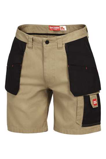 Khaki and black Hard Yakka cargo shorts with tool belt pockets, relaxed fit, and durable CORDURA fabric for heavy-duty use.