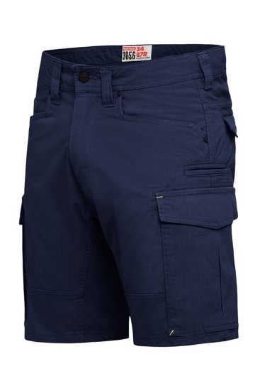 Navy Hard Yakka 3056 Ripstop Cargo Shorts in size 87, featuring durable fabric, multiple pockets, and stylish design.