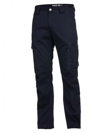 KingGee Oil Navy Lightweight Tradie Pants size 12, featuring 12 pockets, reinforced seams, and UPF 50+ sun protection.