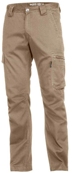 KingGee lightweight tradie pants in khaki, size 117, featuring 12 pockets, UPF 50+, and durable cotton drill fabric.