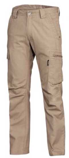 Khaki KingGee Canvas Tradie Pants, size 72, featuring 12 pockets, UPF 50+, and durable 100% cotton for tradespeople.