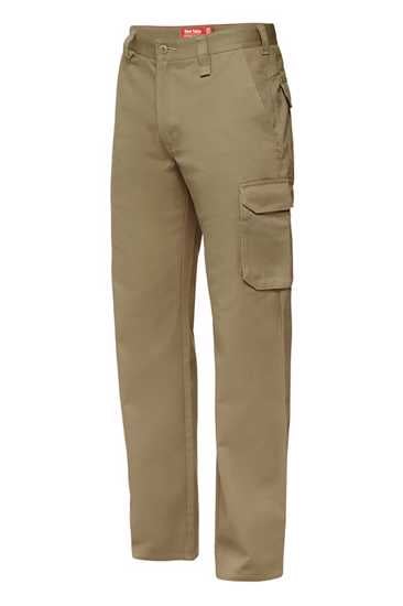 Khaki Hard Yakka Foundations Cargo Pants in size 82, featuring multiple pockets, relaxed fit, and UPF 50+ fabric for outdoor comfort.