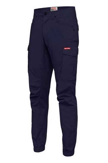 Hard Yakka Navy cargo pants, size 92, featuring UPF 50+, elastic cuffs, reinforced pockets, and durable ripstop fabric.