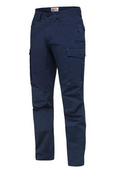 Hard Yakka navy ripstop cargo pants, size 77, featuring multiple pockets, UPF 50+, and a slim tapered fit for durability and comfort.