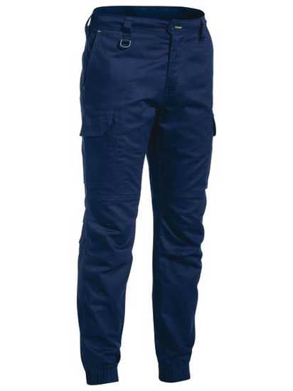 Navy Bisley Ripstop Cuffed Cargo Pant, size 97, features slim leg design, elasticated waistband, and multiple functional pockets.