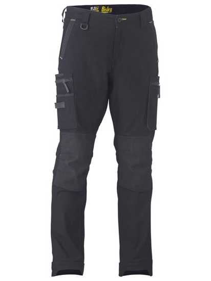 Black Bisley FLX & MOVE cargo pants in size 112, featuring stretch fabric, durable Cordura, and multiple functional pockets.