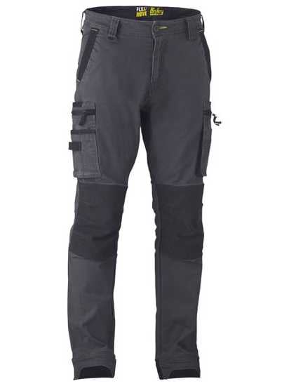 Charcoal cargo pants with stretch fabric, oversized pockets, and Kevlar knee patches for durability and comfort in size 92.