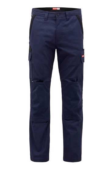 Durable unisex navy stretch pants with 8 pockets, reinforced knee pad openings, and UPF 50+ protection for outdoor tasks.