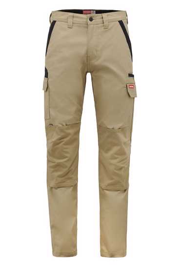 Hard Yakka unisex stretch pants in khaki, size 112, featuring reinforced tear zones, knee pad pockets, and 8 utility pockets.