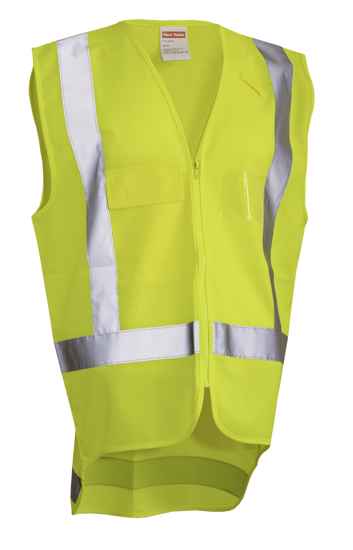 Hi Vis Safety Vest in Fluro Yellow, 2XL, featuring pockets, radio loop, and compliant with safety standards for visibility.