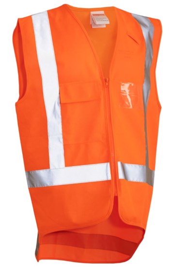 Fluro orange High Vis Safety Vest from Hard Yakka, size M, with ID pocket and radio loop for visibility and safety on the job.