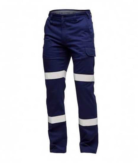 KingGee Stretch Bio Motion Cargo Pant in navy, size 82, featuring stretch fabric, multiple pockets, and reflective tape for visibility.