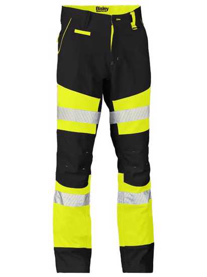Yellow and black Bisley Hi Vis pants with reflective tape, engineered fit, multiple pockets, and UPF 50+ sun protection.