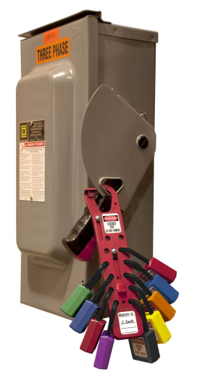 Aluminium lockout hasp holding up to 12 padlocks, featuring 25mm jaw clearance for enhanced workplace safety.