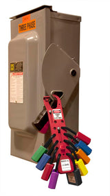 Aluminium lockout hasp holding up to 12 padlocks, featuring 25mm jaw clearance for enhanced workplace safety.