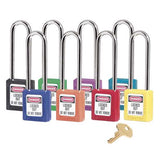 Vibrant Master Lock Safety Padlock 0410 in Zenex thermoplastic, designed for secure lockout/tagout applications with key-retaining feature.