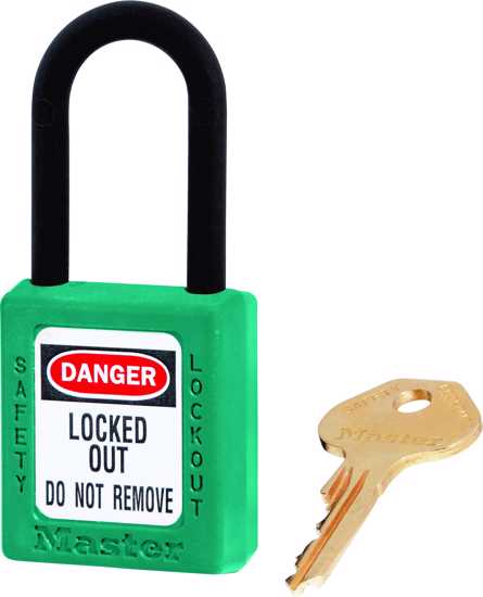 Master Lock Safety Dielectric Padlock 0406 with Zenex body, key retaining, and customizable labels for secure lockout/tagout.