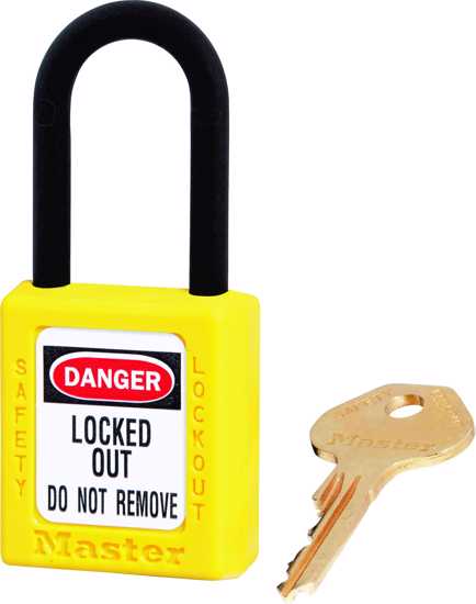 Master Lock 0406 Dielectric Padlock, lightweight Zenex body, key retaining, with 'Danger' labels, ideal for lockout/tagout safety.