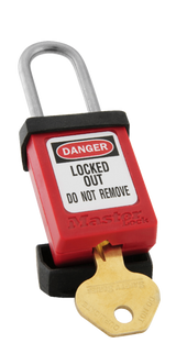 Master Lock S31 safety padlock in vibrant colors, designed for secure lockout/tagout with key retaining mechanism and durable thermoplastic body.