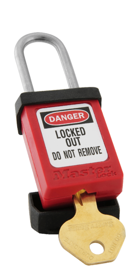 Master Lock S31 safety padlock in vibrant colors, designed for secure lockout/tagout with key retaining mechanism and durable thermoplastic body.