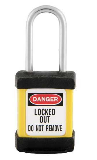 Master Lock S31 safety padlock with dielectric body, key retaining feature, and vibrant color options for secure lockout/tagout.