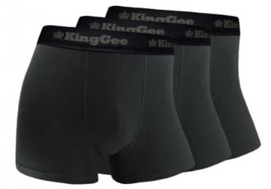 KingGee Bamboo Trunks pack of 3 in charcoal, size S, featuring soft, breathable, and eco-friendly fabric for superior comfort.