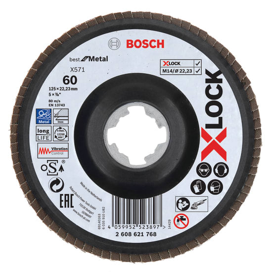 125mm Bosch X-Lock flap disc with zirconia grit, designed for efficient metalworking and quick tool-free changes.