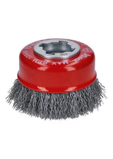 75mm Bosch X-Lock Crimped Cup Brush with 0.3mm wire, designed for efficient metal cleaning and surface finishing.