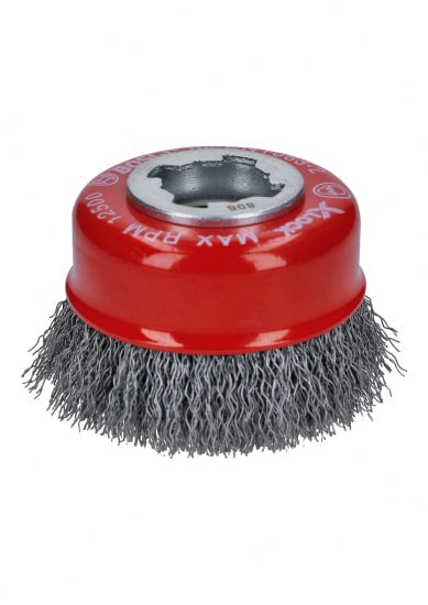 75mm Bosch X-Lock Crimped Cup Brush with 0.3mm wire, designed for efficient metal cleaning and surface finishing.