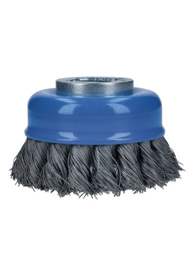 75mm twist knot cup brush with knotted wire for heavy-duty cleaning on metal surfaces, compatible with X-LOCK grinders.