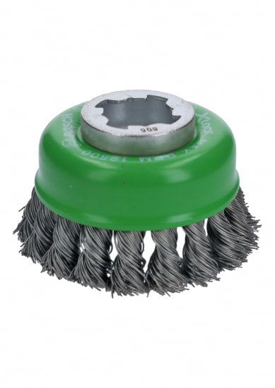 75mm stainless steel twist knot cup brush for aggressive cleaning of rust, paint, and varnish on various metal surfaces.