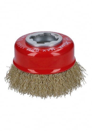 75mm brass-coated twist knot cup brush for Bosch X-Lock grinders, ideal for removing rust and paint from metal surfaces.