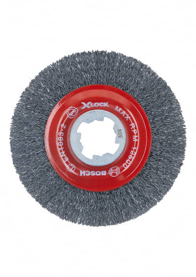 115mm Bosch X-Lock crimped wire wheel brush for light-medium cleaning on metal surfaces, featuring keyless brush changes and 12,500 RPM.