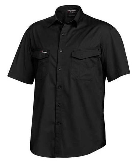 Black KingGee Tradies Shirt K14355 in size 2XL, made from lightweight cotton twill, featuring chest pockets and box pleats for mobility.