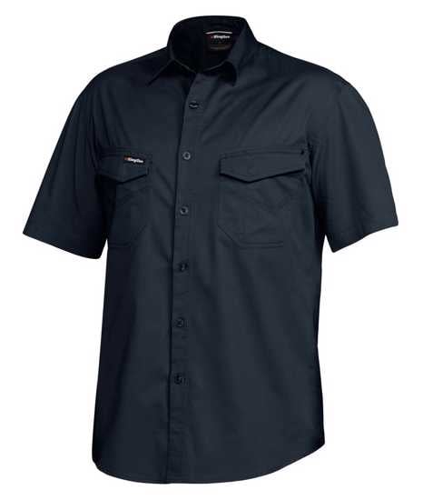 KingGee Tradies Shirt K14355 in Oil Navy, size M, featuring breathable cotton twill, angled chest pockets, and box pleats for movement.