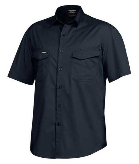 KingGee Tradies Shirt K14355 in Oil Navy, Size S; lightweight cotton twill, slim fit, two chest pockets, breathable and durable.