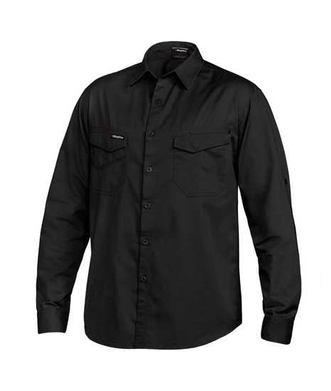 KingGee Tradies Shirt K14350 in Black, XL size, features durable cotton twill, UPF 50+, and functional design with chest pockets.