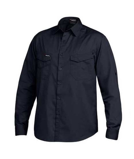 KingGee Tradies Shirt K14350 in Oil Navy, 4XL, featuring lightweight cotton twill, UPF 50+, and practical chest pockets.