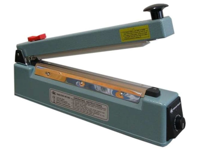 Hand impulse heat sealer with cutter, 400mm width for secure, water-tight sealing of plastic bags up to 150 microns thick.