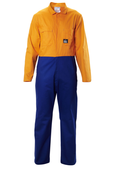 Hi Vis Blue/Orange overalls by Hard Yakka, Size 7, offering durability, comfort, and safety with multiple pockets and ventilation.