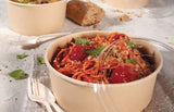 Eco-friendly 40oz bamboo bowls in a 50-pack, perfect for serving hot and cold dishes, with PLA lining for durability.