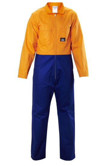 Hi Vis Blue/Orange zip overalls with reinforced stress points, multiple pockets, and a comfort fit; compliant with safety standards.