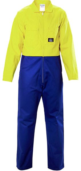 Hi Vis Blue/Yellow overalls with metal zip front, elastic back, and multiple pockets, designed for safety and comfort at work.