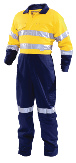 High visibility yellow/navy cotton overalls with zip, multiple pockets, and comfort fit for safety and functionality.