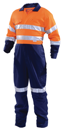 Hi Vis Zip Overalls in Fluro Orange and Navy, featuring pockets, elastic waist, and durable 310gsm cotton for comfort and safety.