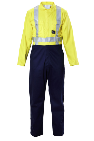 Durable Hard Yakka Hi Vis Zip Overalls in Yellow/Navy, size 12, featuring heavy-duty zip, vents, and multiple pockets for safety workwear.