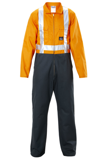 Hi-vis green/orange zip overall for safety, size 10, with durable cotton fabric, multiple pockets, and ventilation features.